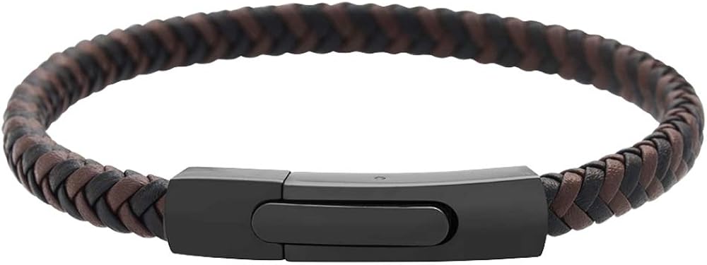 Geoffrey Beene Men's Braided Genuine Leather Fashion Bangle Bracelet with Stainless Steel Clasp (Brown): Clothing
