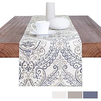 jinchan Table Runner Linen Textured Scroll Patten Decorative Burlap Tablecovers Rustic Floral Design Handcrafted Flax Tablecloths 1 Panel 13