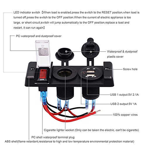 Dual USB Charger Socket Panel,elecfan Waterproof 12V 3.1A Cigarette Lighter Adapter with Switch for Car Boat Marine Vehicle Motorcycle ATV for iPhone XS Max/XR/7/8 Samsung Galaxy Note 9 - Black
