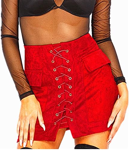 Ajclub Women's Sexy Vintage Lace Up High Waist Bodycon Faux Suede Mini Skirt (L, Red)