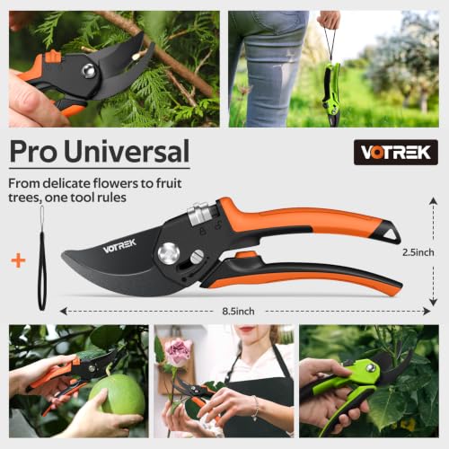 VOTREK® 8.5" Garden Secateurs for Weak Hands, Professional Bypass Pruner | Patented Stepless Handle, Japanese SK5 Blades, Heavy Duty Pruning Shears, Gardening Scissors for Grass, Branches & Stems