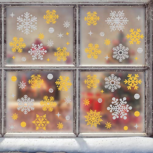 Beautyhero-Christmas-Snowflakes-Clings-Snow-Window-Stickers-Christmas-Decorations-Non-Adhesive-for-Glass-146-x-118-Inches-Gold-and-Silver-Snowflakes-Stickers-Double-Sides-Colors-4-Sheets-176-Pcs