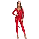 Tipsy Elves Classic Red Devil Halloween Costume for Women Long Sleeve Bodysuit with Devil’s Horns Headband