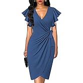 oten Womens Deep V Neck Ruffle Sleeve Sheath Casual Cocktail Party Work Faux Wrap Dress