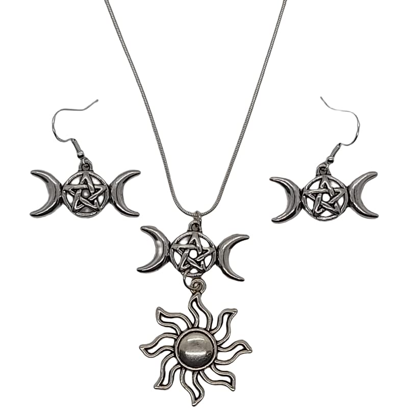Triple Moon Goddess Earrings and Necklace Jewellery Gift Set. Sterling Silver 925 Ear Hooks and Plated 24” Chain – Witchy Ladies, Earth Mothers and Boho Babes