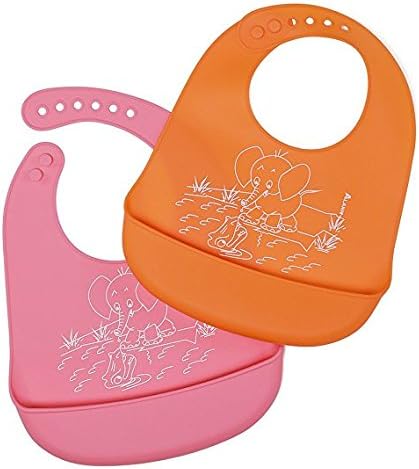 Bacteria Resistant Baby Bibs,Waterproof Silicone Bib with Pocket for Toddler,Set of 2(Pink/Orange)