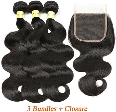 Mureen Brazilian Hair 3 Bundles with Closure Body Wave 4×4 Virgin Hair Lace Closure with Bundles Unprocessed Human Hair Extensions Weave Weft With Closure Natural Color (18 20 22 + 16, Free Part)
