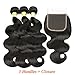 Mureen Brazilian Hair 3 Bundles with Closure Body Wave 4×4 Virgin Hair Lace Closure with Bundles Unprocessed Human Hair Extensions Weave Weft With Closure Natural Color (20 22 24 +18, Free Part)