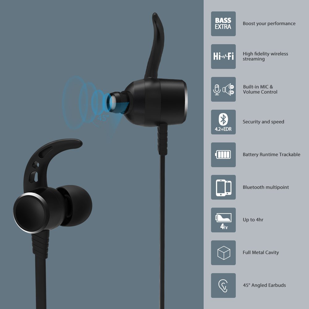 Wireless Headphones - Wieppo Bluetooth Headphones Wireless 4.2 Magnetic Earphones with MIC, Volume Control, Sweatproof Sport Earbuds In Ear for Running, Workout, 5Hrs Playtime, Multipoint, Secure Fit