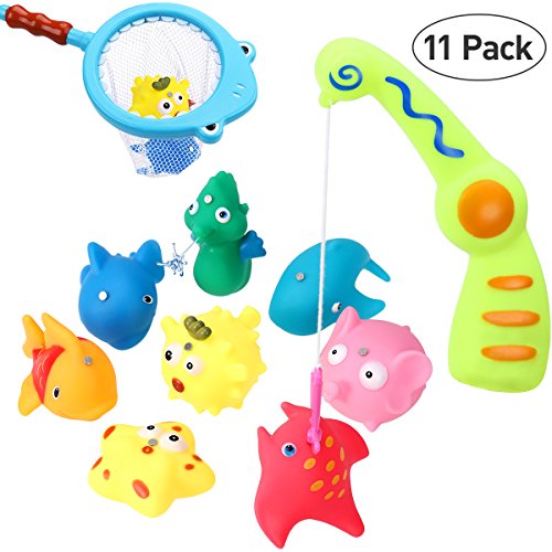 BESTOYARD Bath Toy Fishing Game with Magnetic Fishing Rod, Includes Fishing Floating Squirts Toy With Organizer Bag(11 Pack),Baby Bathtub Toy Fish Net Game in Bathroom Pool