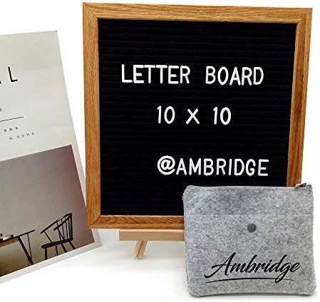 Changeable Letter Board Black Felt Message Boards Include 10" x 10" Wood Oak Frame with Display Easel Stand, 362 White Plastic Letters and Emojis, Soft Canvas Storage Bag &amp; Wall Mount (Black)