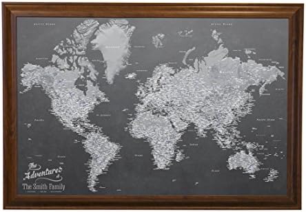 Push Pin Travel Maps Canvas - Personalized Stormy Dreams World with Brown Frame