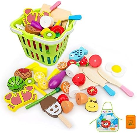 Amazon Flycreat おままごと 木製の食材 ごっこ遊び 収納バスケット 木のおもちゃ磁石式 クッキング 木製のキッチンセット 木製の食材 果物 野菜 フルーツ ままごと 子ども用 まな板 包丁付き 調理ごっこ 食べ物 切る遊び 野菜カット 粘着力up カラフル 知育玩具 幼児に