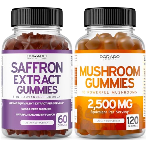 Saffron (60 Gummies) Premium Sugar Free Gummy - 5 in 1 Advanced Formula - Delicious Raspberry Flavor and Mushroom 10 in 1 Blend (120 Gummies) Focus & Brain Mushroom Supplement - Vegan & Made in USA