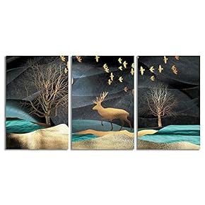 Canvas Wall Art Abstract Deer in Forest Painting Artwork for Home Prints Framed - 16"x24" x 3 Panels