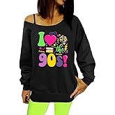 AMWIPE 90s Outfit for Women Sexy Off The Shoulder Sweatshirt I Love The 90's Shirt Oversized Long Sleeve Pullover Top