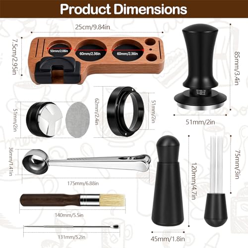 TECKZOON Espresso Maker Accessories Set of 9 51mm with Tamper Station, Coffee Leveler, WDT Tool, Stirrer, Dosing Funnel, Strainer, Cleaning Brush, Spoon Clip