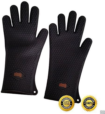 Silicone Cooking Gloves Heat Resistant Mitts XXL Long for Men Grill Masters, Safe & Creative Baking Grilling BBQ, from Elenji, for Extra Protection 5 Finger Design. Care of your Safety! Huge Discount