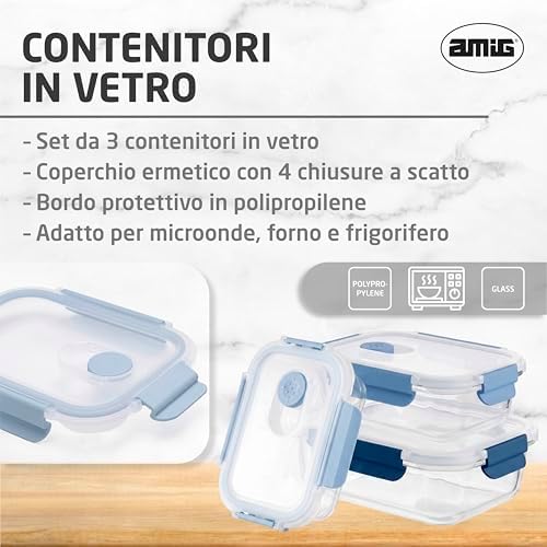 - Set di 3 Contenitori Ermetici in Vetro - 370ml, 640ml, 1050ml - Trasparente - Coperchio in Polipropilene - Adatti per Conservare, Trasportare e Riscaldare Alimenti - Mod. 700