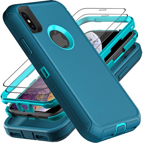 YKHJKLEC iPhone X/Xs Military Grade Heavy Duty Case with Screen Protector | 3-in-1 Design | Shockproof/Drop Proof | Includes 2Pcs Glass | Blue/Turquoise Color