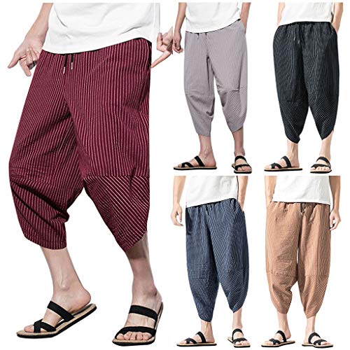 VEZAD Summer Harem Pants Men Casual Jogger Fitness Linen Loose Striped Cropped Trousers - Thumbnail 3