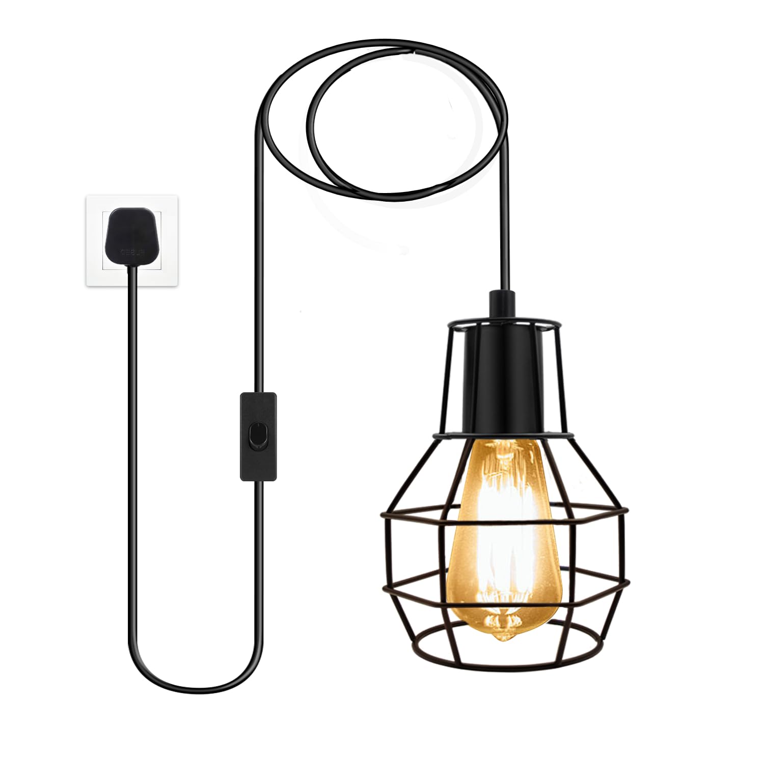 Pendant Light Fitting With 450cm Cord and Metal Cage, Farmhouse Hanging Light Fixtures With On/Off Switch for Kitchen, Industrial Black Loft Lighting
