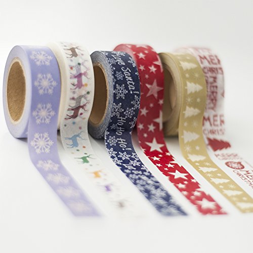 6 Rolls Christmas Washi Tape Set Total 197 Feet HolidayTape for Christmas Wall Tree DIY, Scrapbooking, Craft Projects and Gift Wrapping