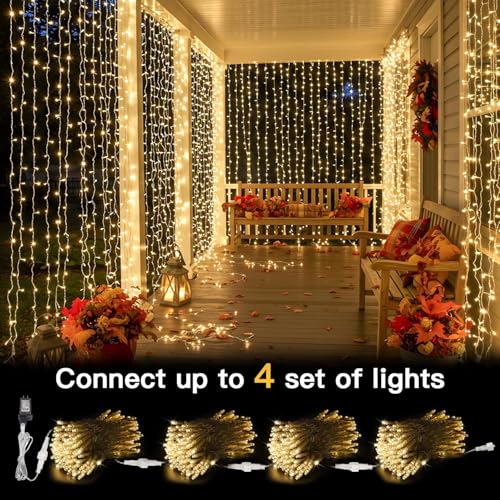 Joycome 6 x 3 m 600 LED Waterfall Lights with Plug, 8 Modes Outdoor Tent Lights, Waterproof Luminous Decorations for Garden, Balcony, Showcase, Wedding, Warm White