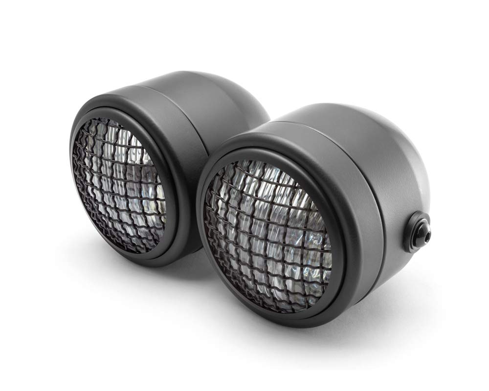 Alchemy Parts Retro Streetfighter Motorcycle Headlights | Motorbike Double Headlight Twin Dual bulb 35W | Custom Dominator Warrior Bandit Trike (Black with Grill)