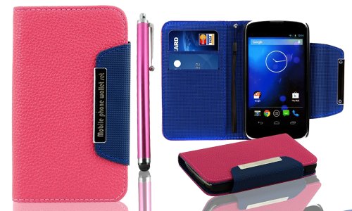 Google Nexus 4 Case,OMIU(TM) Wallet Flip Magnet Leather Case Cover with Credit Card Holder with Strap for Google Nexus4(Pink), with Stylus and Cleaning Cloth