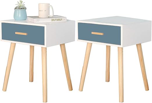 Retro Bedside Table Set Of 2 Wooden Bedside Cabinet With Drawer