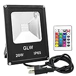GLW LED RGB Flood Light, 20W Outdoor Color Changing Lights With Remote Control, IP65 Waterproof Dimmable Wall Washer Light, Flood Lamp 16 Colors 4 Modes with US 3-Plug