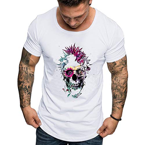 Ximandi Fashion Men's 3D Printing Round Neck Casual Short Sleeve Shirt Top Blouse White