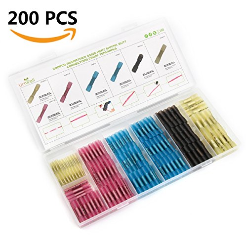 200PCS Heat Shrink Butt Connectors Terminals, URLWALL Electrical Wire Crimp Splice Waterproof Insulated Kit Yellow Blue Black Red Assortment (4colors 5sizes)