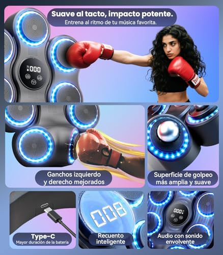Maquina de Boxeo Musical, 9 velocidades Ajustables 11 Modos de Boxeo, Gancho Izquierdo y Derecho, con Bluetooth, con Guantes de Boxeo montados en la Pared, Apto para Adultos y Niños