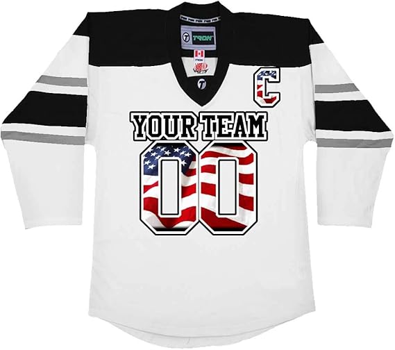 Custom Hockey Jersey USA Waving Flag Print White Black and Grey Adult