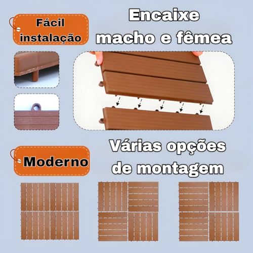 KIT 5 Deck Modular Plástico 30x30cm x 2cm Altura Piso Encaixe Rápido Antiderrapante Drenante para Piscina Jardim Varanda Banheiro (MARROM)