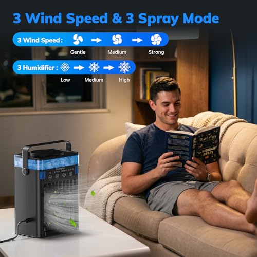 Portable Air Conditioner, Mini Air Conditioner Portable Cooling Fan with Remote Control, 3 Wind Speed & 3 Mist Level & 2-8H Timer Evaporative Air Cooler for Home Office Room, Black