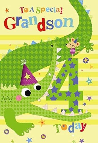 To A Special Grandson 4th 4 Today Crocodile & Mouse Design Happy Birthday Card, Green