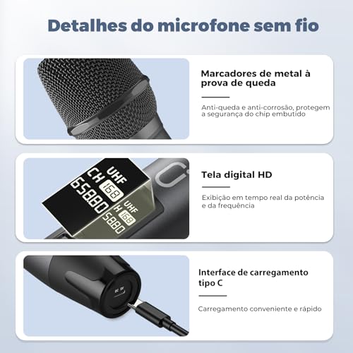 JYX Microfones Sem Fio Profissionais UHF Duplos para Karaokê, Sistema Dinâmico com Receptor Recarregável, Saída 6,35mm & 3,5mm, Plug and Play, para Karaokê, Festa, Aula