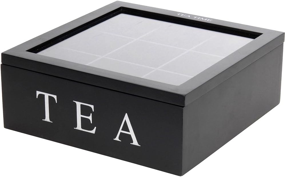 NEW WOOD PLAIN WOODEN TEA BOX with 9 COMPaRTMENTS in LID TEEKASTEN SCHWARZ