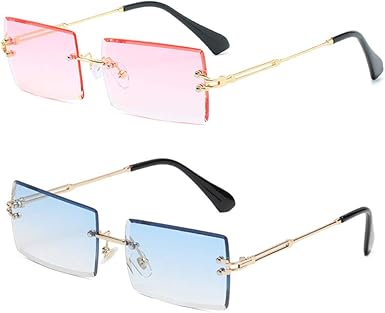 Amazon Com Laspor 2pcs Rectangle Rimless Sunglasses For Men Women Vintage Retro Square Gold Metal Frameless Glasses Tinted Lens Blue Pink Clothing