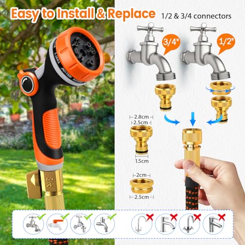 SKYAYA 100FT Expandable Garden Hose Pipe, Flexible Hosepipe for Lawn Expanding Retractable with 10 Function Spray Gun Nozzle, Magic Water Hose Attachments 3/4"& 1/2" Solid Brass Connectors, Anti-Kink