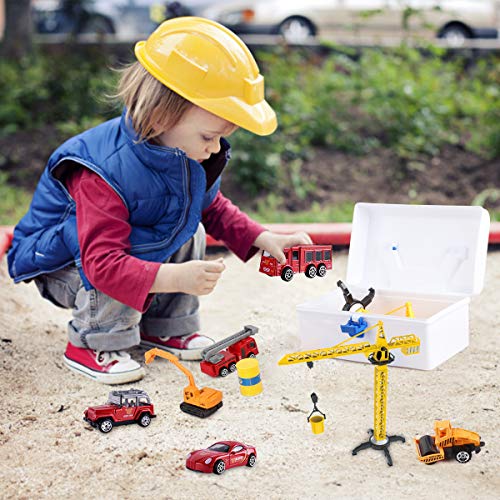 HONYAT Engineering Construction Vehicles Toys Set with Play Mat and Car Storage Box ,10 Alloy Cars Include Fire Trucks -with Accessories and Tower Crane ,Gift for Boys and Girls Ages 3-12.