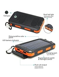 Cargador solar portátil resistente al agua, batería externa de 20000 mAh, doble USB 5 V, 1 A 2 A, salida con linterna LED y brújula para cámara, iPhone, Samsung (negro)