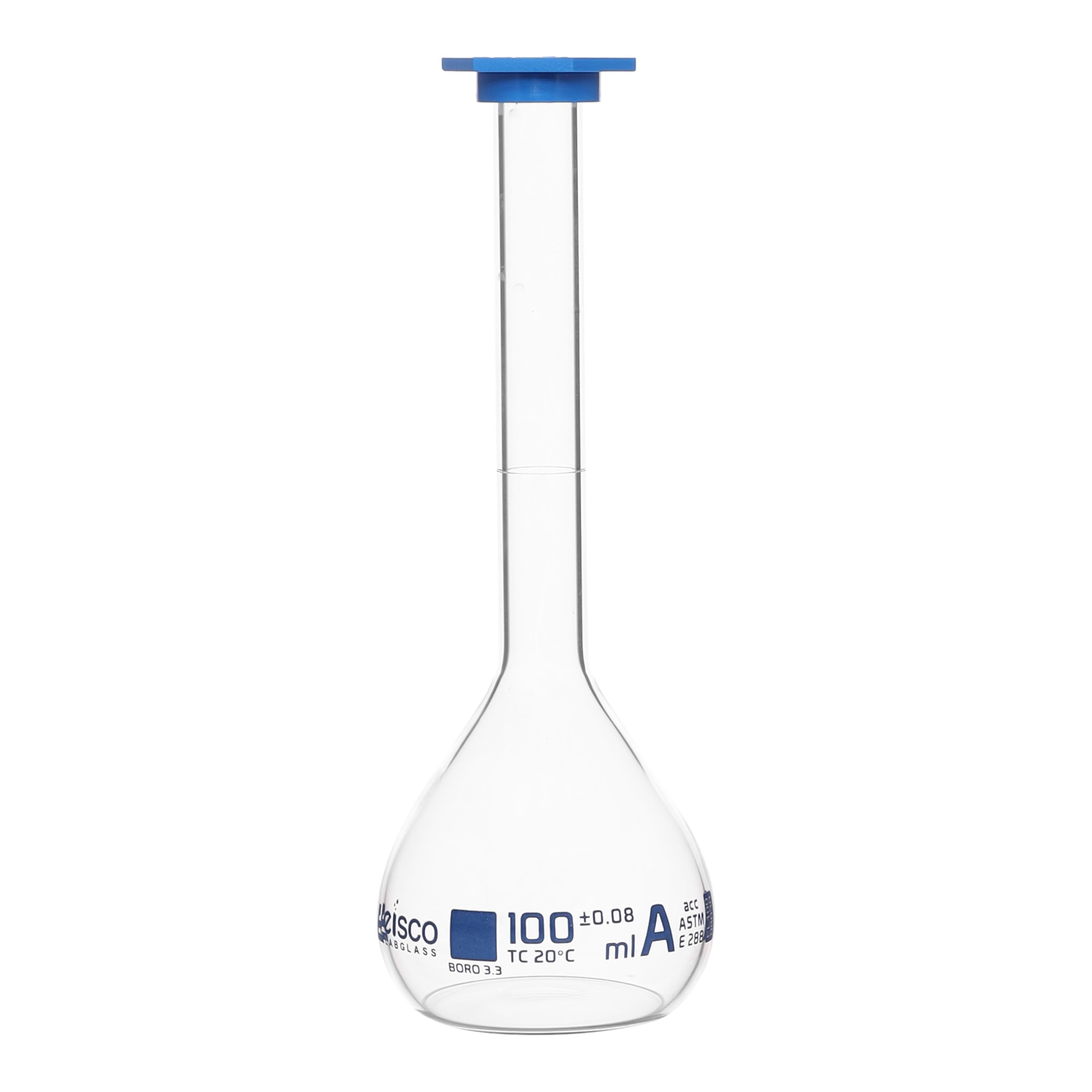 Volumetric Flask, 100ml - ASTM, Class A Tolerance 0.08ml - #13 Glass Stopper - Single, White Graduation - Borosilicate Glass - Eisco Labs