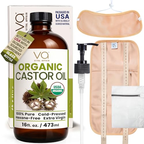 Castor Oil Pack Wrap Kit – USDA Organic, 16 oz Cold-Pressed Hexane-Free Castor Oil in Glass Bottle | Adjustable Cotton Flannel Waist & Neck Wraps | Liver, Abdominal & Detox Therapy
