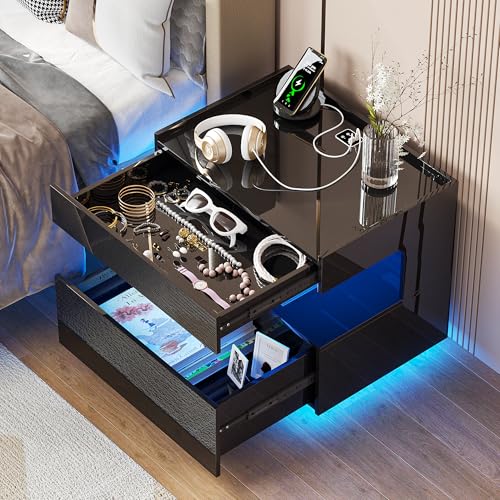 Modern Night Stand with 2 Drawers, Bedside Table with Charger Station, LED Nightstand with Lights & Human Sensor, Smart End Table for Bedroom, Black