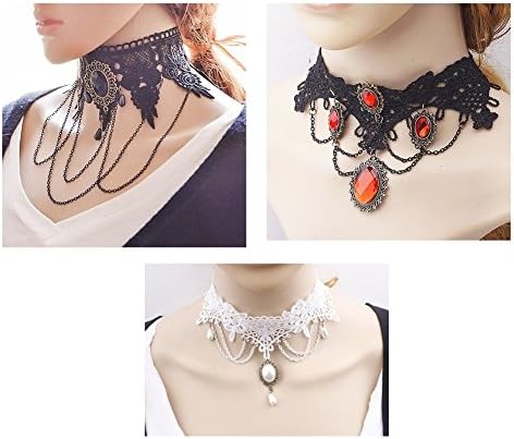 Red Ape Gothic Lace Choker Necklace with Beads Pendant for Women, set of 3