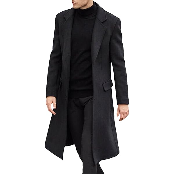 Men's Casual Trench Coat Wool Blend Jacket Slim Fit Notched